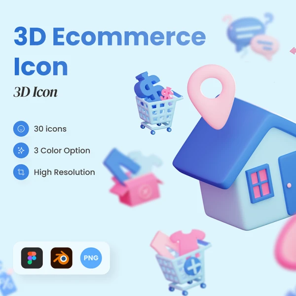 30款电子商务3D图标素材 E-Commerce 3D Icons .blender .psd