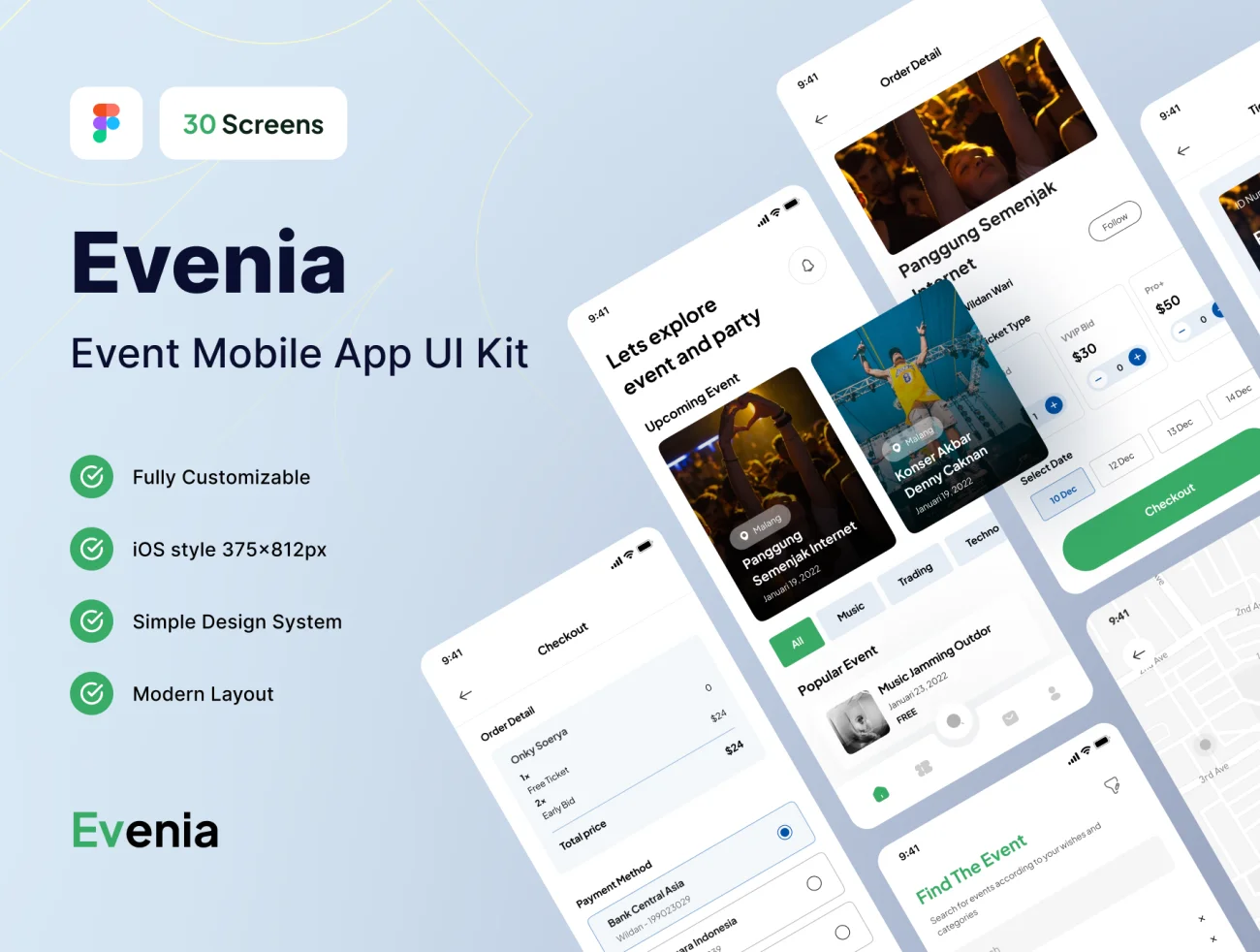 30屏活动门票预订应用UI设计套件 Evenia – Event App UI Kit .figma插图1