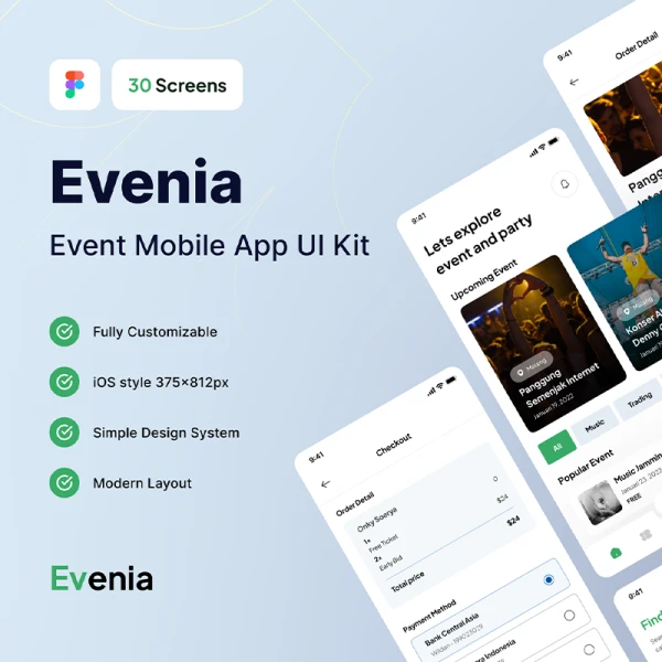 30屏活动门票预订应用UI设计套件 Evenia - Event App UI Kit .figma