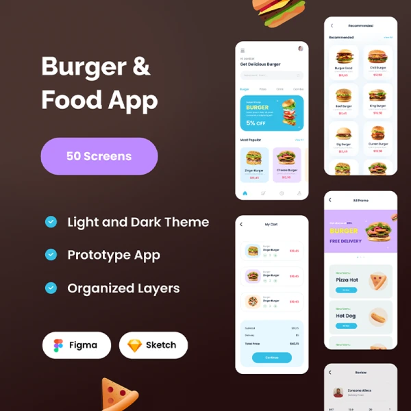 50屏快餐食品应用 Food Burger App .sketch .figma