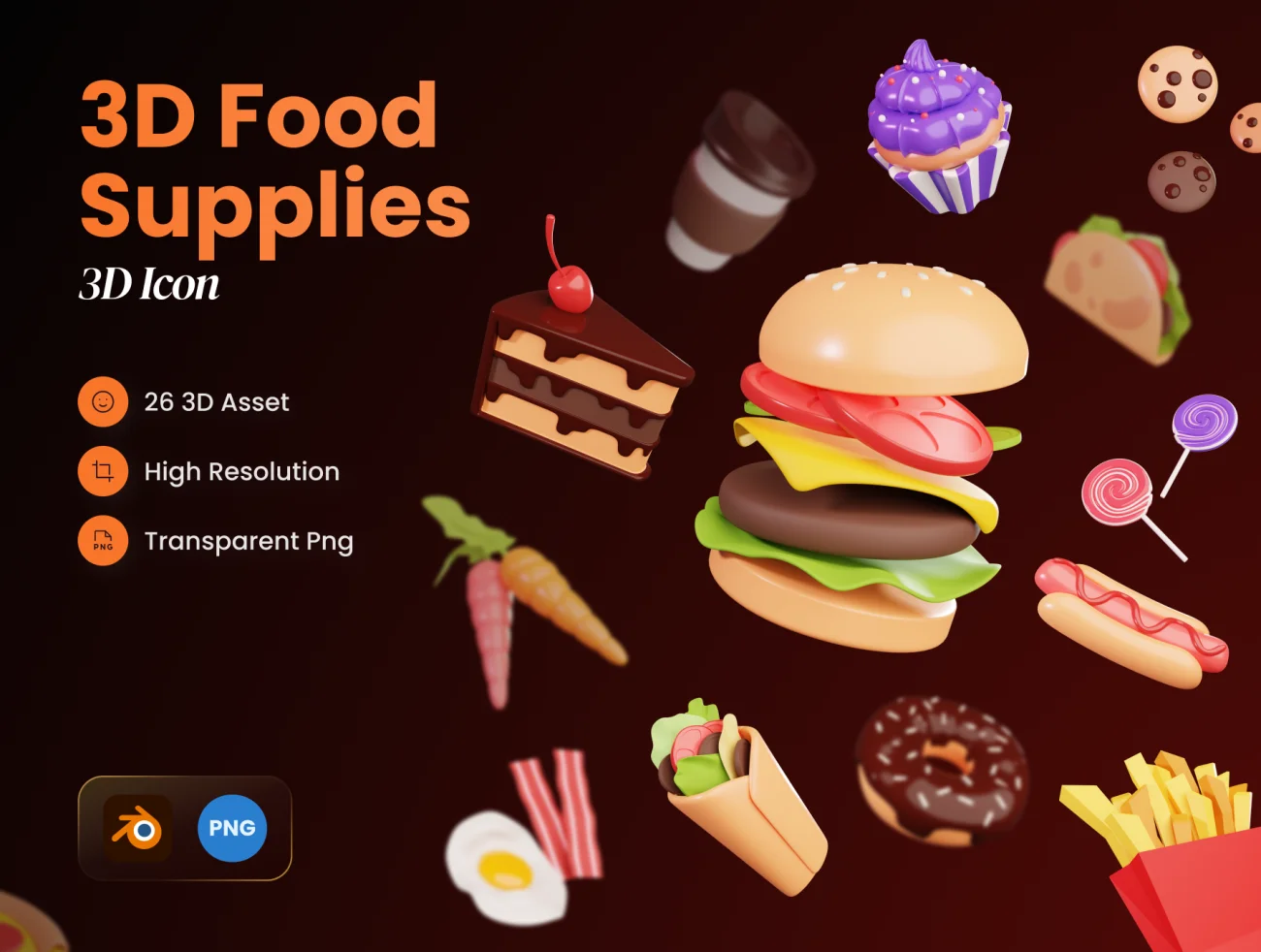 26款3D食品立体图标模型素材 Food Supplies 3D Icons .blender .psd插图1