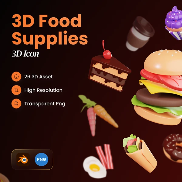 26款3D食品立体图标模型素材 Food Supplies 3D Icons .blender .psd