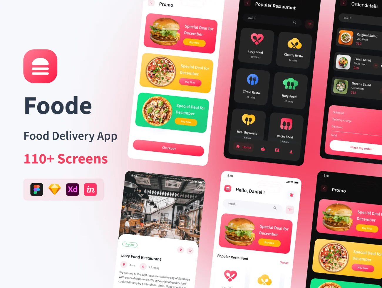 112屏外卖送餐应用UI设计套件素材 Foode – Food Delivery Mobile App UI Kit .sketch .xd .figma插图1