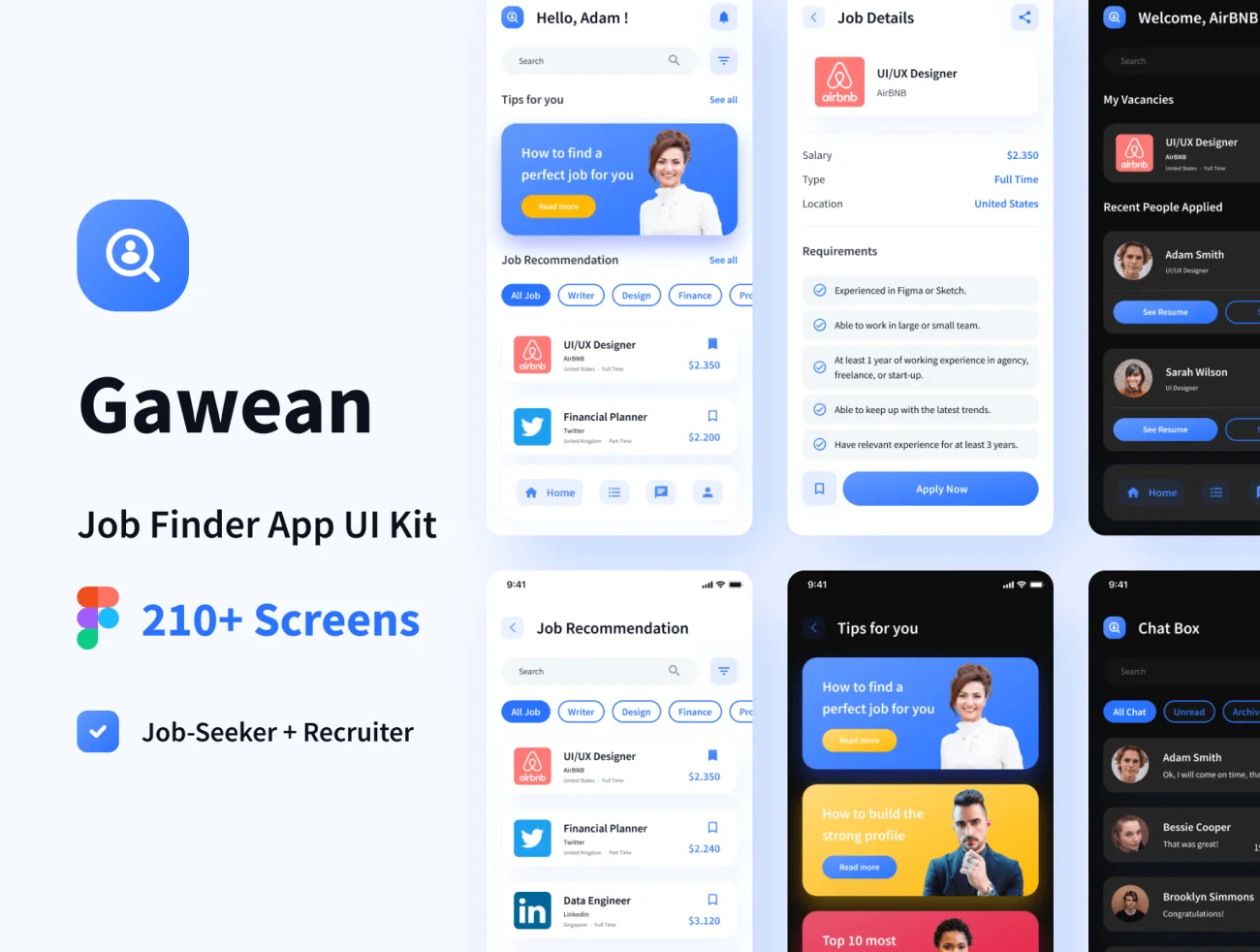214屏求职招聘手机应用UI设计套件素材下载 Gawean – Job Finder App UI Kit .figma插图1