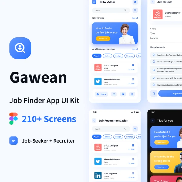 214屏求职招聘手机应用UI设计套件素材下载 Gawean - Job Finder App UI Kit .figma