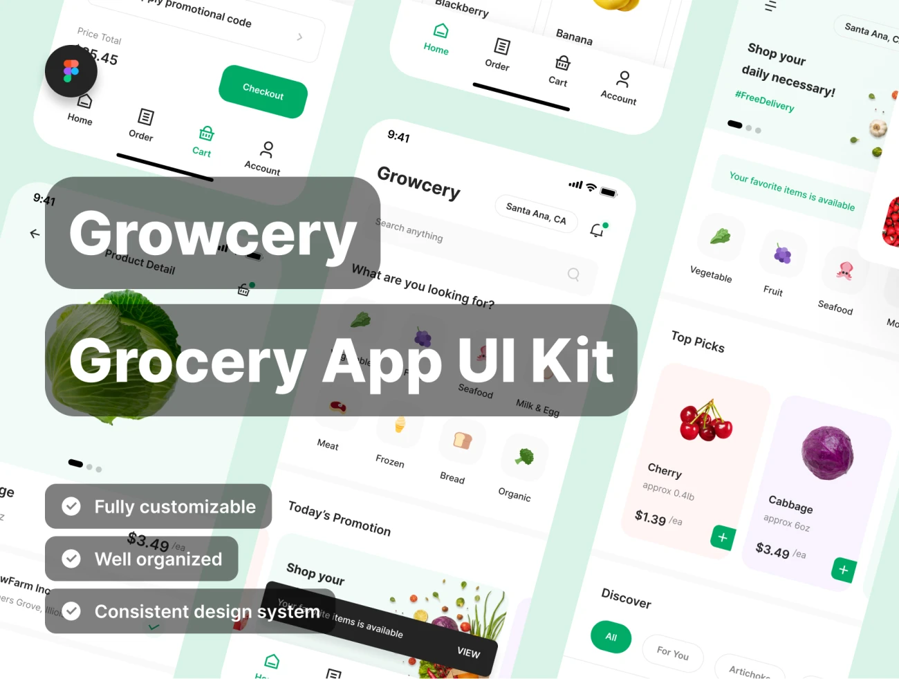 70屏高质量蔬菜水果生鲜日用百货采购应用UI设计套件素材 Growcery – Grocery App UI Kit .figma插图1