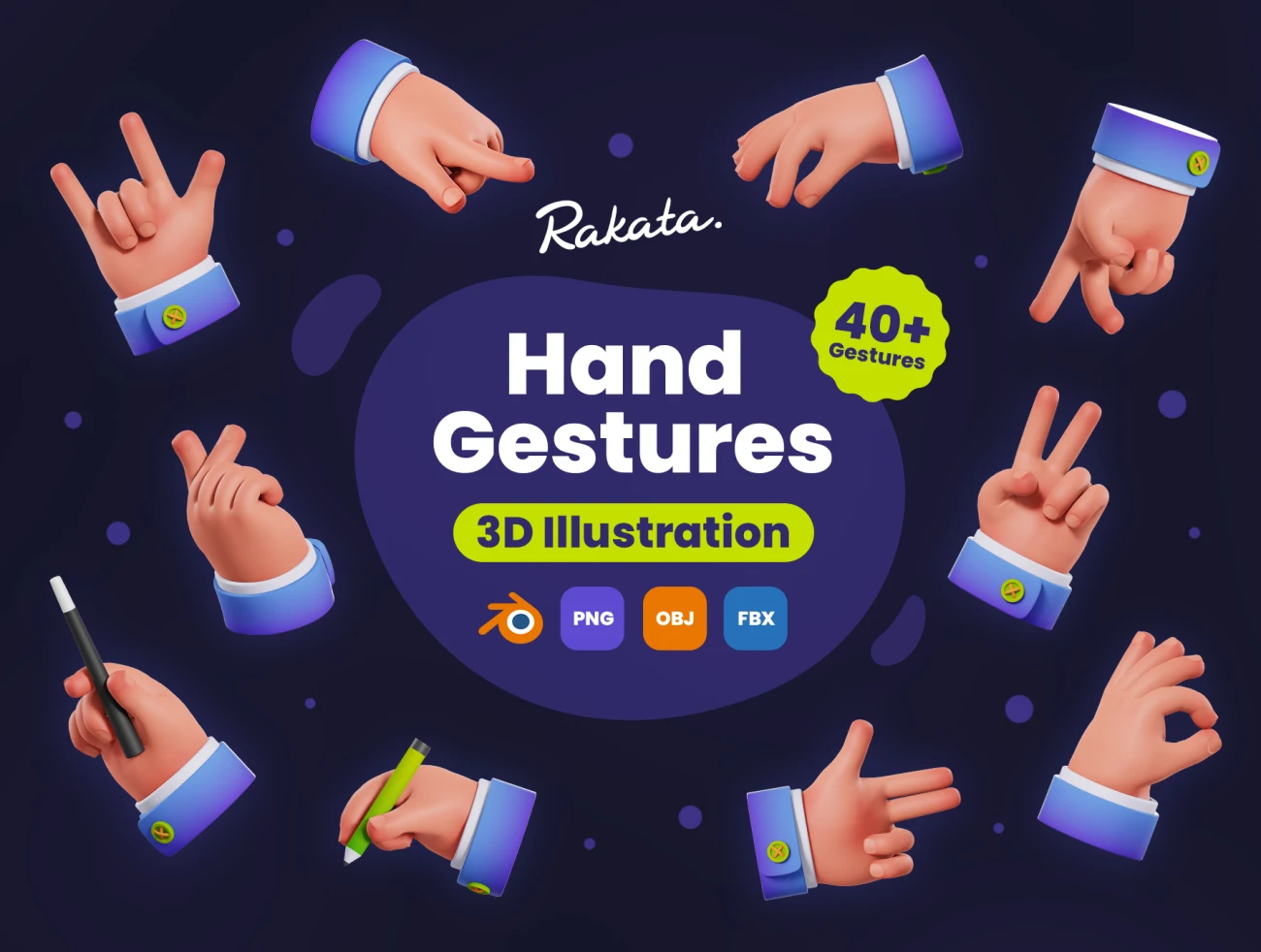 40款不同手势3D模型设计素材 Hand Gestures 3D Illustration .blender .psd .xd .figma插图1