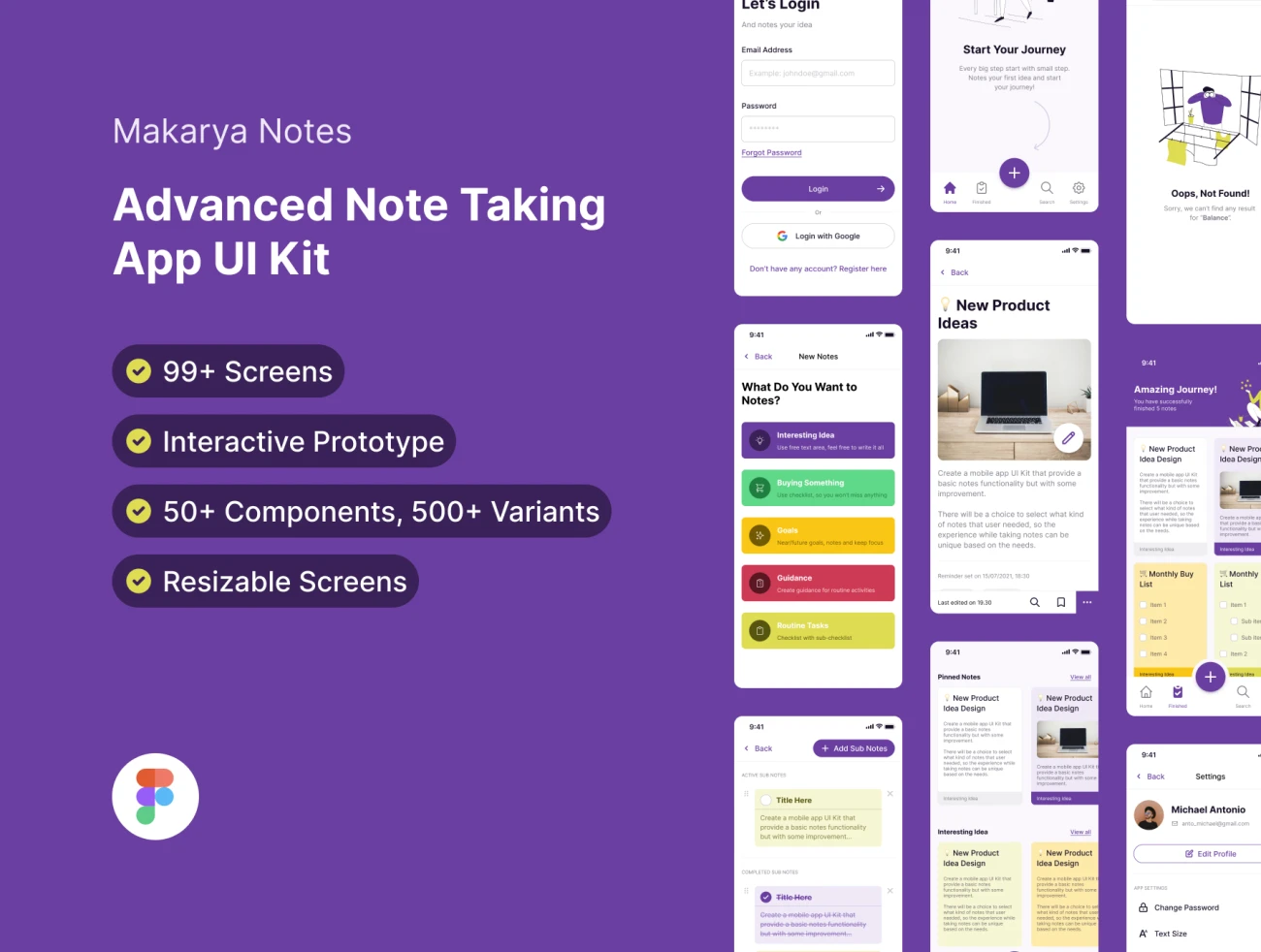 99屏笔记备忘录手机应用UI设计系统素材下载 Makarya Notes – Advanced Note Taking App – Design System & UI Kit .figma插图3