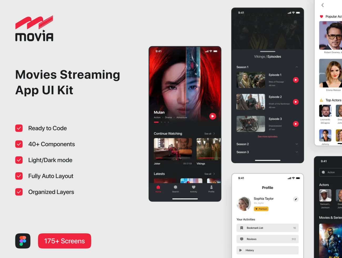 178屏在线流媒体视频播放应用UI设计套件素材 Movia – Movies Streaming App UI Kit .figma插图1