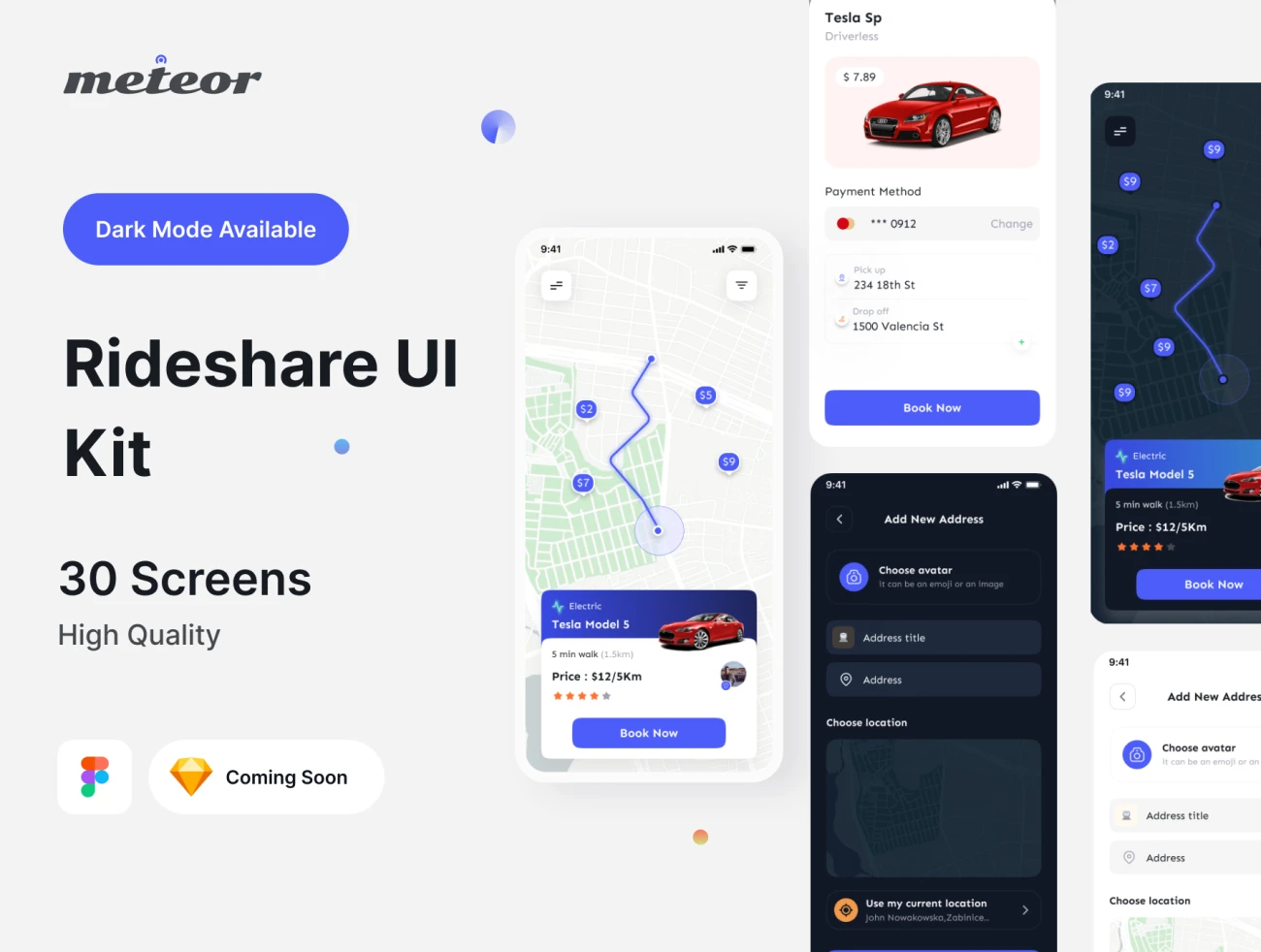 30屏共享单车租借骑行应用UI套件素材 Rideshare UI Kit .figma-UI/UX、ui套件、主页、介绍、付款、出行、图表、地图、应用、网购、聊天、表单-到位啦UI