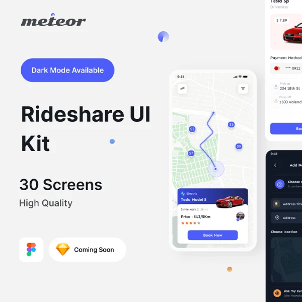 30屏共享单车租借骑行应用UI套件素材 Rideshare UI Kit .figma
