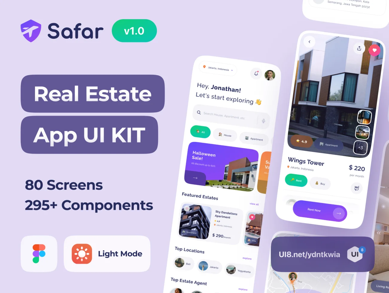 80屏租房买房地产手机应用UI组件模板库 Safar – Real Estate App UI Kit .figma插图1