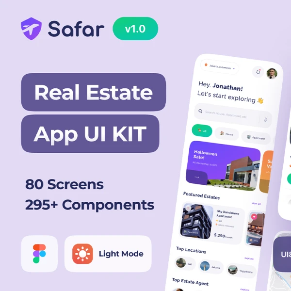 80屏租房买房地产手机应用UI组件模板库 Safar - Real Estate App UI Kit .figma