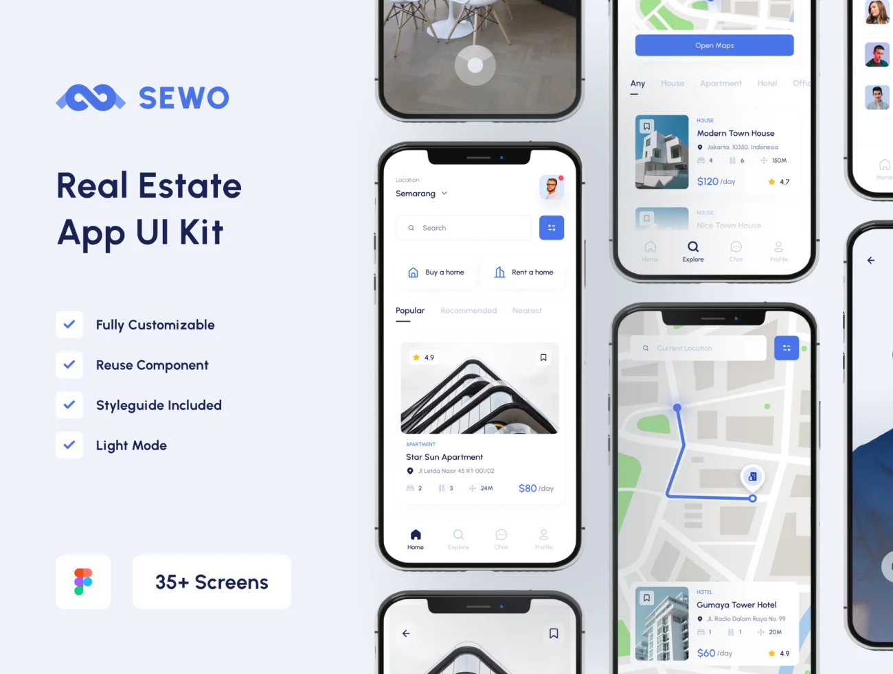 30屏蓝色现代简约地产租房售房手机应用UI设计素材 Sewo – Real Estate Mobile App UI Kit .figma插图1