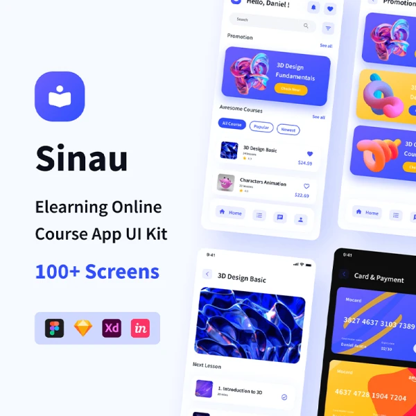 106屏在线学习网络课程手机应用UI套件 Sinau - Elearning Online Course App UI Kit .sketch .xd .figma