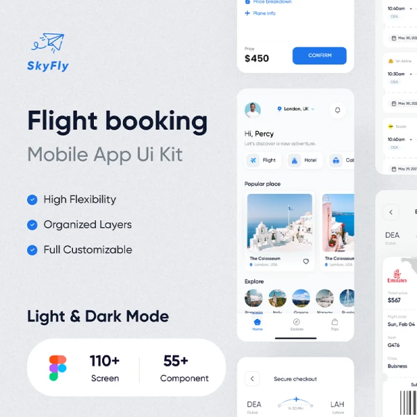 110屏航班预订应用UI套件素材 Skyfly Flight Booking App .figma
