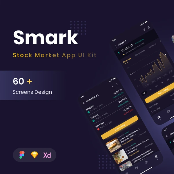 60屏股票市场交易应用UI设计套件 Smark - Stock Market App UI Kit .sketch .xd .figma