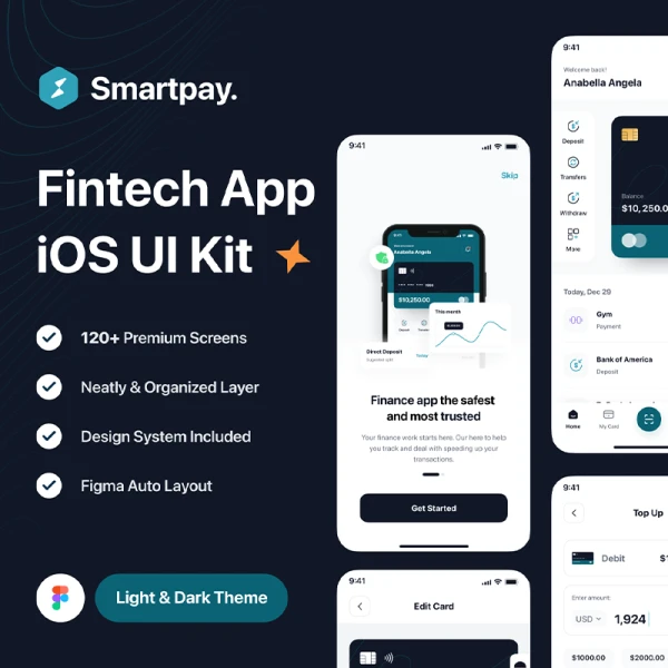 120屏金融记账理财应用UI设计套件 Smartpay - Fintech App iOS UI Kit .figma