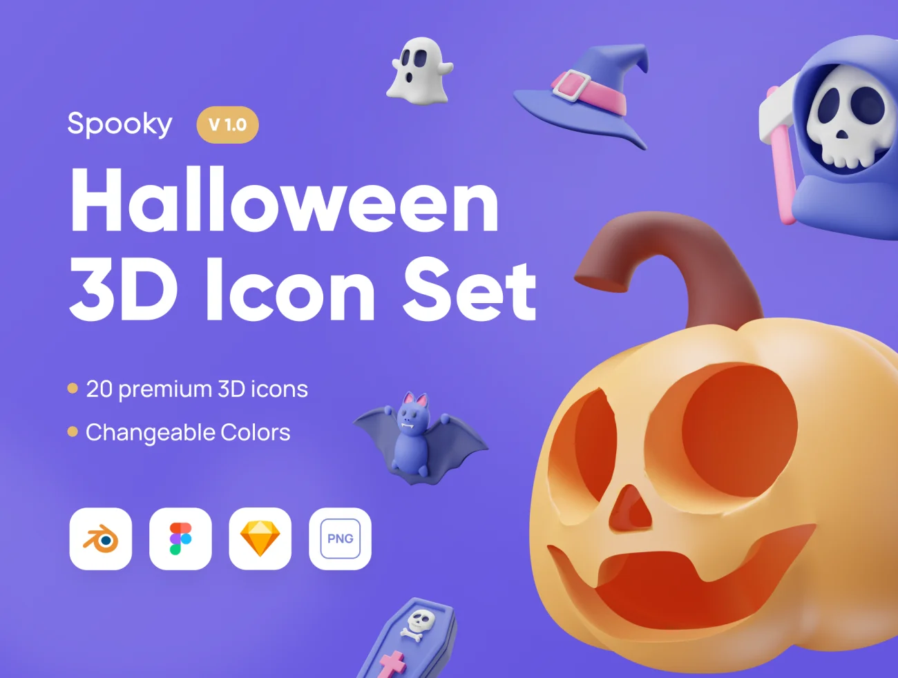 20款万圣节幽灵动物角色3D模型插画素材下载 Spooky – Halloween 3D Icon Set .figma .sketch .blender插图1