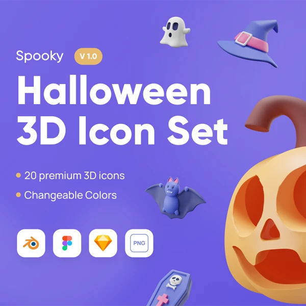 20款万圣节幽灵动物角色3D模型插画素材下载 Spooky - Halloween 3D Icon Set .figma .sketch .blender