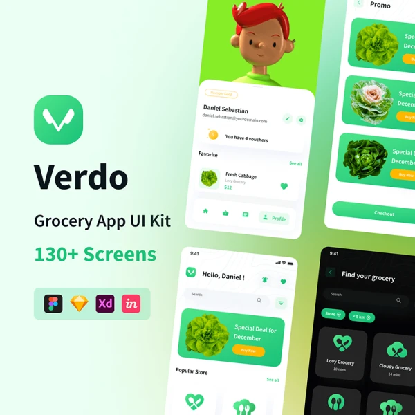 130屏生鲜日用百货网购应用UI设计套件素材 Verdo - Grocery App UI Kit .sketch .xd .figma