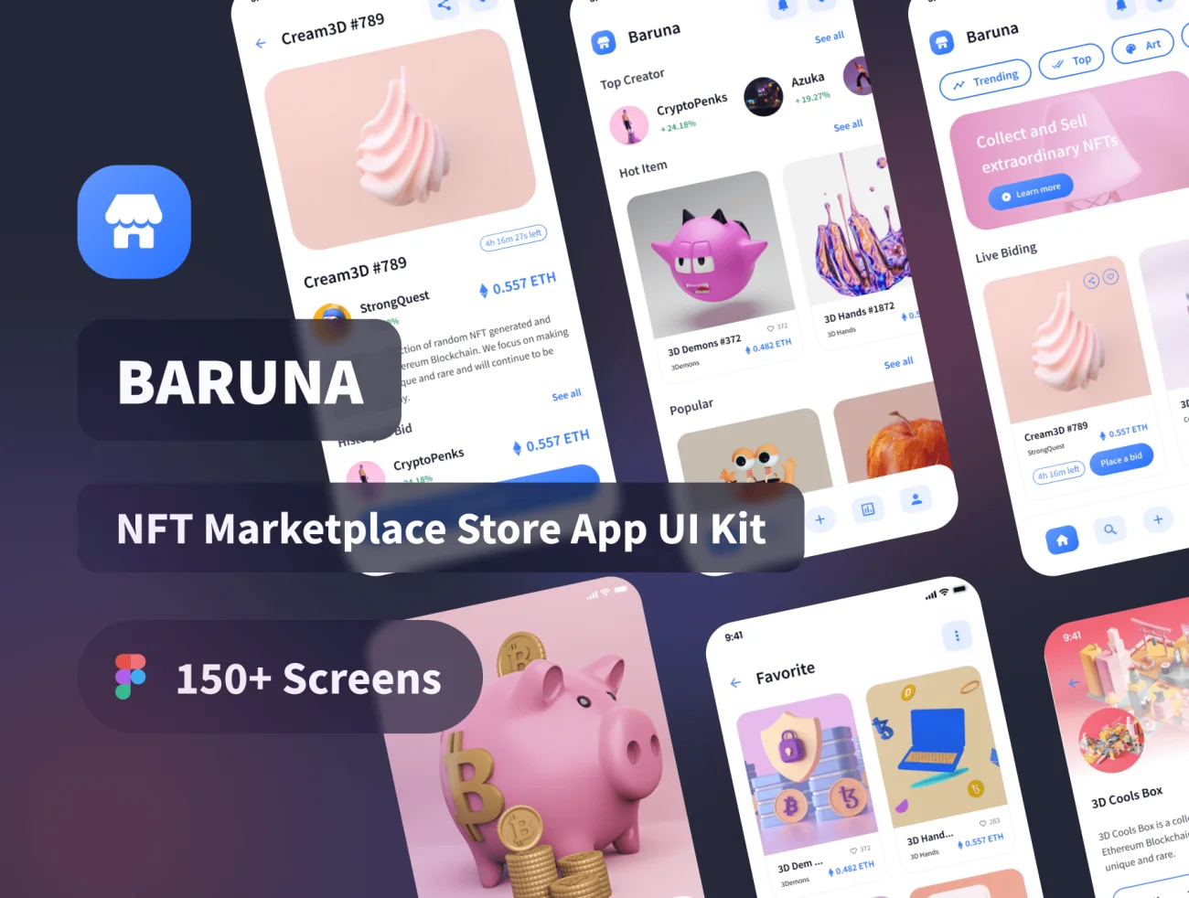 150屏NFT版权交易平台手机应用UI 套件 Baruna – NFT Marketplace Store App UI Kit  .figma插图1