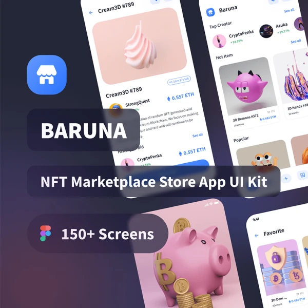 150屏NFT版权交易平台手机应用UI 套件 Baruna - NFT Marketplace Store App UI Kit  .figma