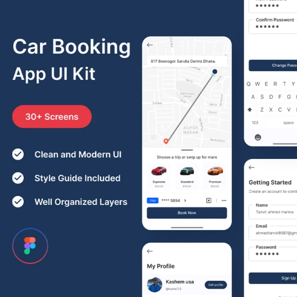 30屏汽车预订销售应用Figma IOS UI 套件 Car Booking App UI Kit  .figma
