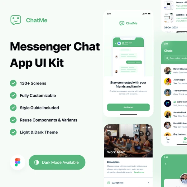 130屏社交聊天手机应用程序UI设计套件素材 Chatme - Messenger Chat App UI Kit  .figma