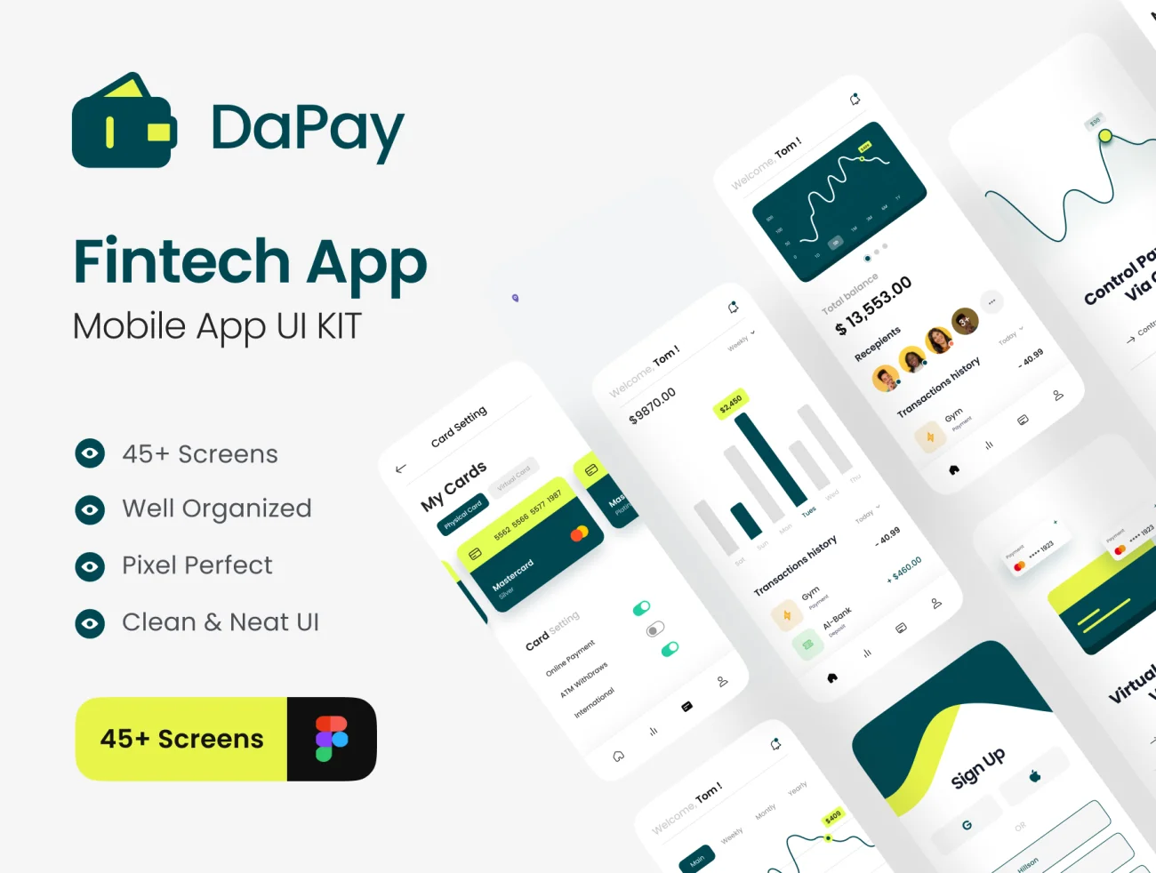 45屏现代美观实用的金融科技应用UI设计套件模板 DaPay – Fintech Mobile App UI KIT  .figma插图1