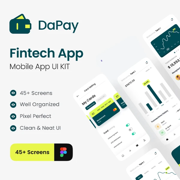 45屏现代美观实用的金融科技应用UI设计套件模板 DaPay - Fintech Mobile App UI KIT  .figma