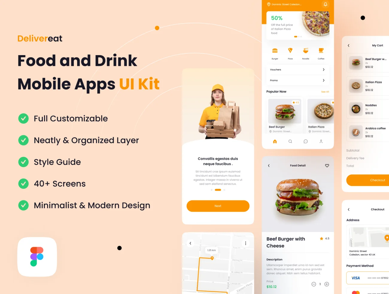 40屏食品饮料外卖点餐手机应用UI 套件 Delivereat - Food and Drink Mobile Apps UI Kit  .figma-UI/UX、ui套件、主页、介绍、付款、地图、应用、预订-到位啦UI