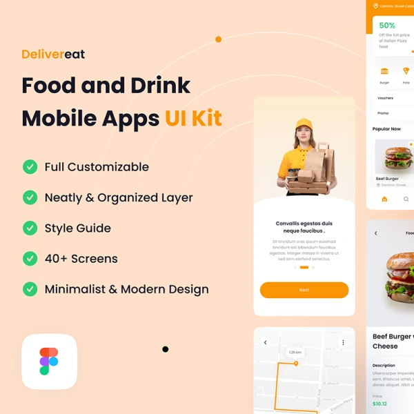 40屏食品饮料外卖点餐手机应用UI 套件 Delivereat - Food and Drink Mobile Apps UI Kit  .figma