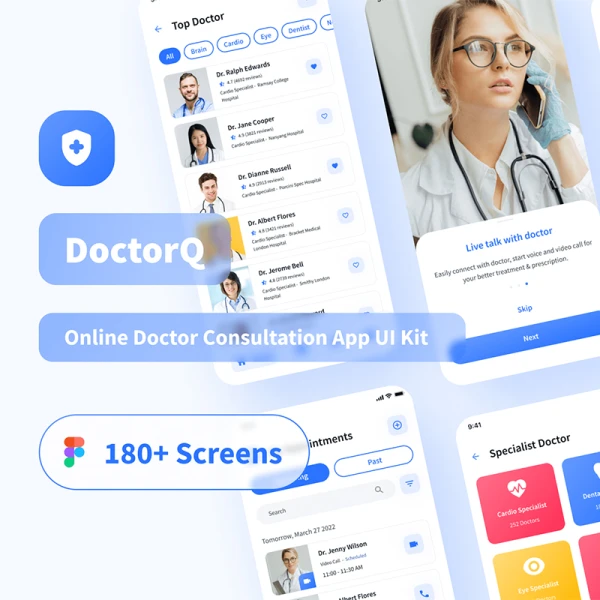 180屏在线医生医疗咨询应用UI套件模板 DoctorQ - Online Doctor Consultation App UI Kit  .figma