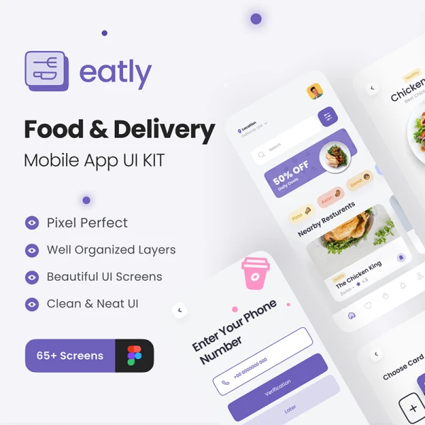 65屏食品外卖配送应用 UI 套件 Eatly - Food Delivery App UI Kit  .figma