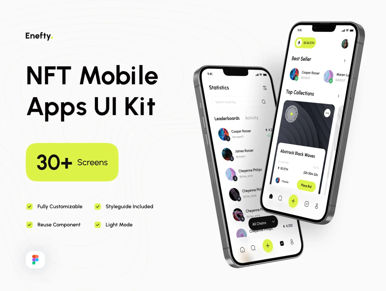 30屏高质量NFT交易平台应用UI设计套件 Enefty - NFT Mobile Apps UI Kit  .figma-UI/UX、ui套件、主页、介绍、付款、卡片式、图表、应用、播放器、注册、电子钱包、网购、聊天、详情-到位啦UI