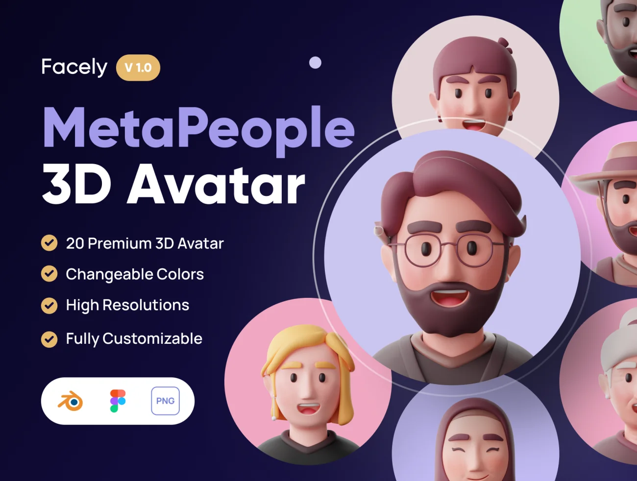 20款元宇宙虚拟世界创意3D人物头像blender模型 Facely - MetaPeople 3D Avatar  .blender .figma-3D/图标、人物插画、学习生活、插画、插画功能、社交购物、科技智能、虚拟货币-到位啦UI