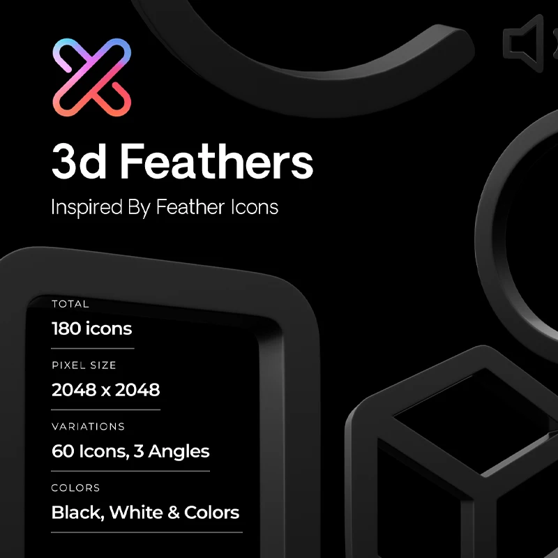60款常用黑白3D图标模型 Feather Icon 3D Pack  .sketch .figma .obj .png .c4d .blender缩略图到位啦UI