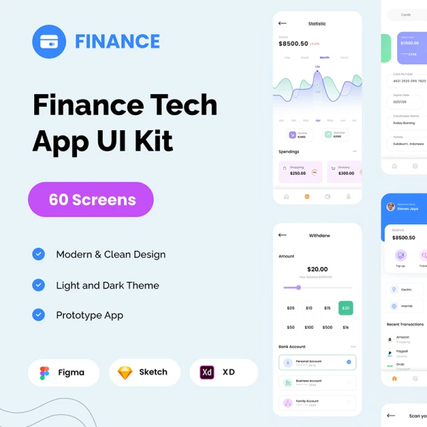 60屏金融科技应用Figma、Sketch 和 XD IOS UI 套件套件 Fintech App Ui Kit  .sketch .xd .figma