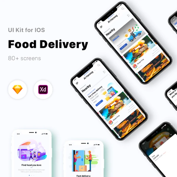 90屏送餐应用Adobe XD 和 Sketch 送餐 UI 套件 Food Delivery App V 2.0.0  .sketch .xd