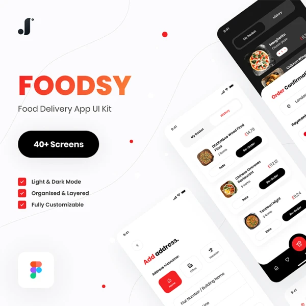 40屏送餐应用 UI 套件 Foodsy - Food Delivery App UI Kit  .figma