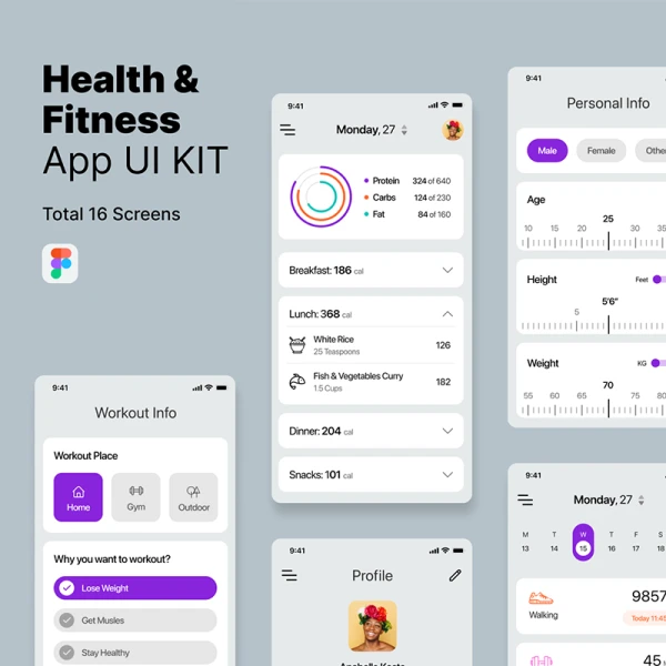 16屏健康管理健身应用UI套件素材 Health & Fitness App UI Kit  .xd .figma