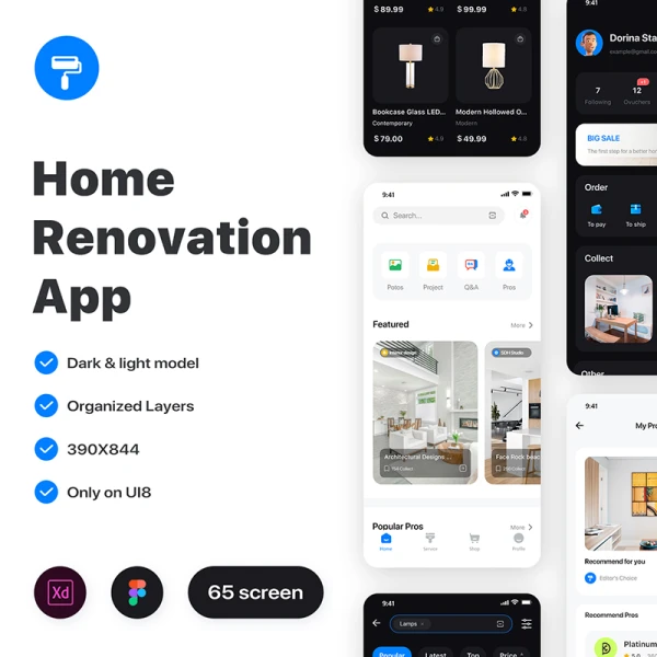 65屏家居装修应用UI设计套件 Home Renovation app design  .xd figma