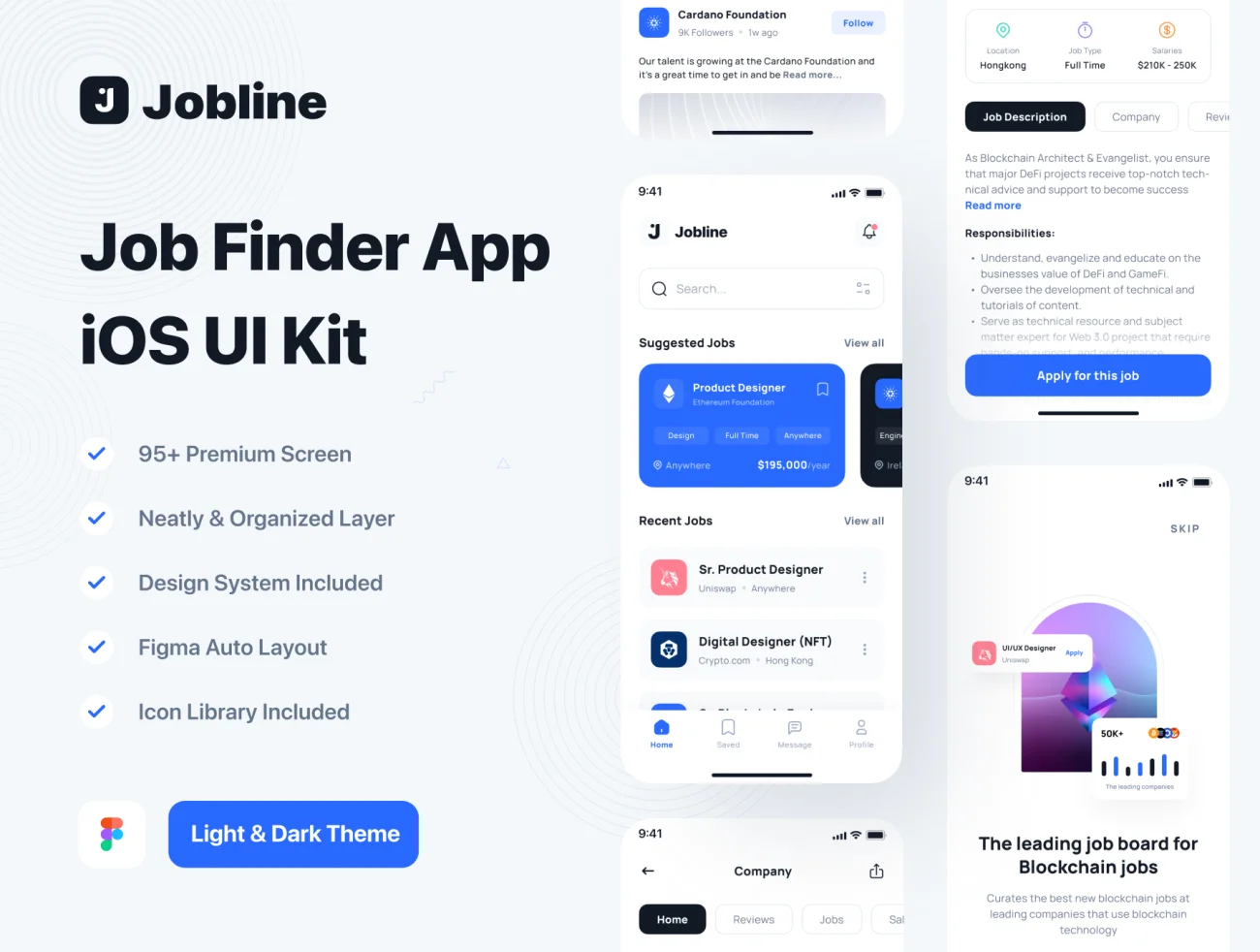 95屏求职招聘手机应用UI套件下载 Jobline - Job Finder App iOS UI Kit  .figma-UI/UX、ui套件、主页、介绍、应用-到位啦UI