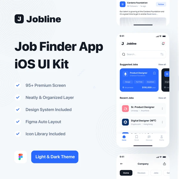 95屏求职招聘手机应用UI套件下载 Jobline - Job Finder App iOS UI Kit  .figma