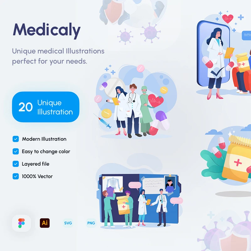 20款医疗医学矢量插图素材 Medicaly - Medical Illustration Kit  .ai .figma缩略图到位啦UI