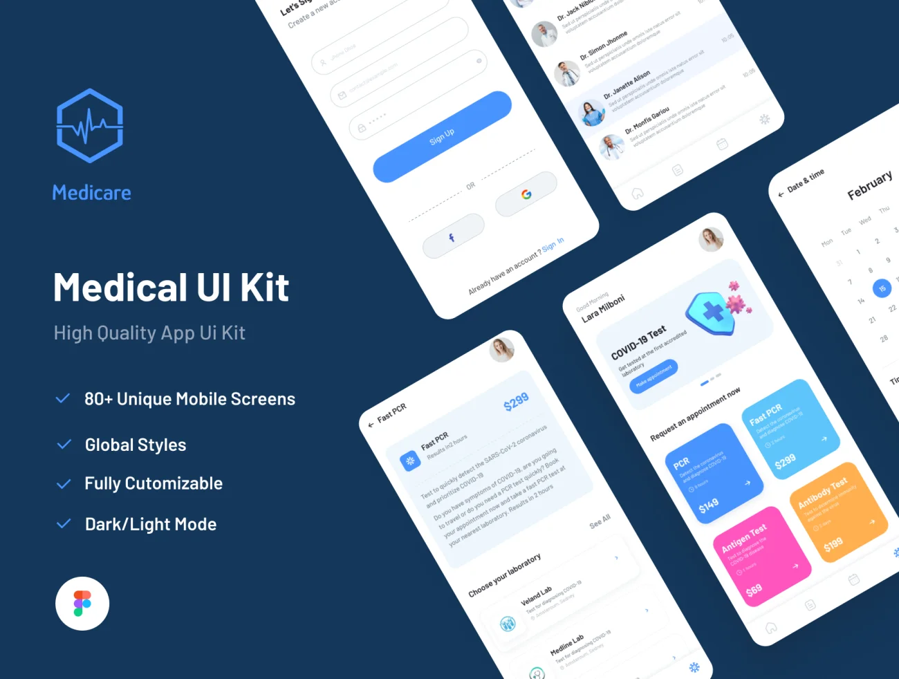 80屏医疗新冠核酸检测手机应用UI套件 Medicare Medical App UI Kit  .figma-UI/UX、ui套件、主页、介绍、出行、列表、卡片式、图表、地图、应用、播放器、日历、社交、聊天-到位啦UI