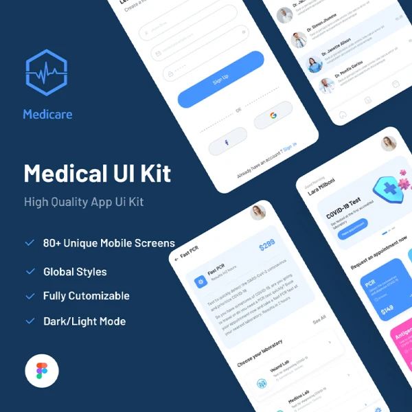 80屏医疗新冠核酸检测手机应用UI套件 Medicare Medical App UI Kit  .figma