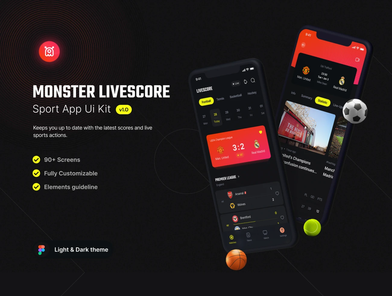 90屏体育赛事安排实时成绩比分应用UI设计套件模板 Monster – Livescore Sport app ui kit  .figma插图1