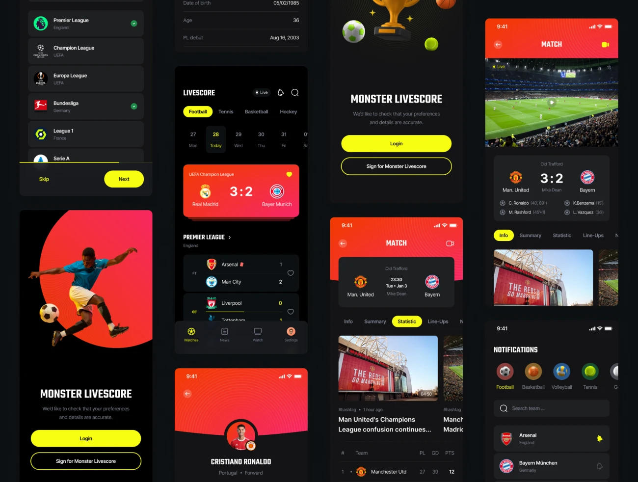 90屏体育赛事安排实时成绩比分应用UI设计套件模板 Monster – Livescore Sport app ui kit  .figma插图5